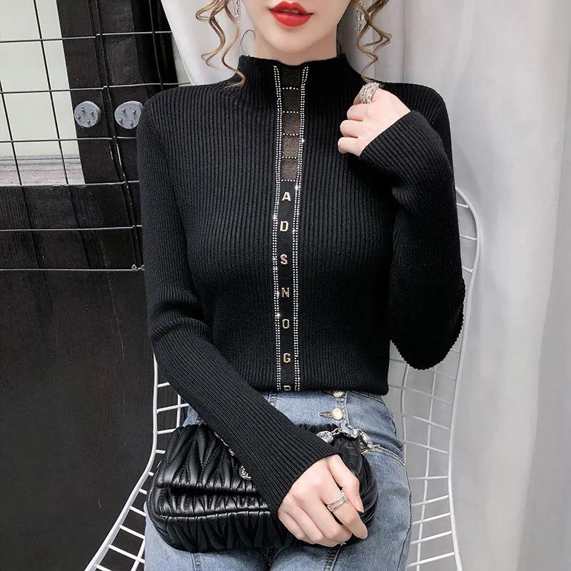 Half Turtleneck Bottoming Shirt Hollow Stick Drill Long Sleeve Knit Slim Fit Warm Plus Size Women's Sweater