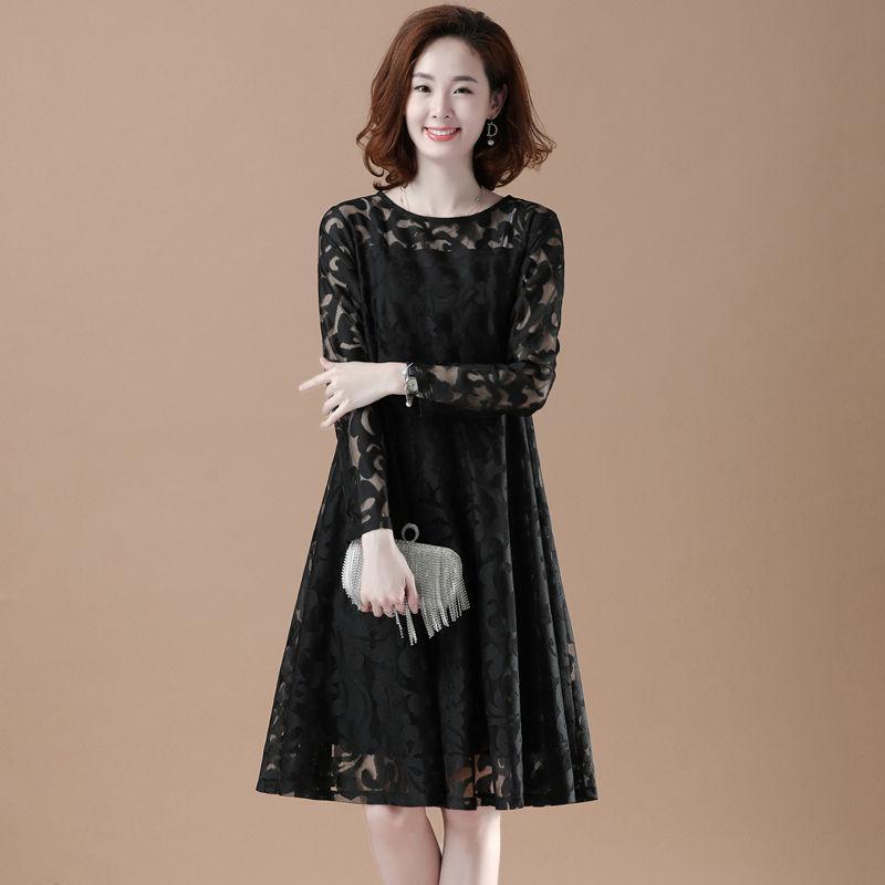 Large Size Lace Long-sleeved Dress Female Spring Summer Thin Hollow A-line Skirt All-match Dinner Dress