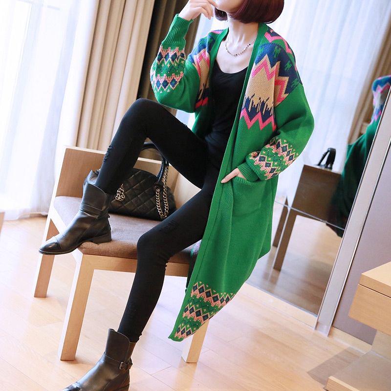 Vintage Rhombus Printed Knitted Cardigan Sweater Women Spring Autumn Oversized Knitted Jacket Loose Long Knitwear Outer Wear