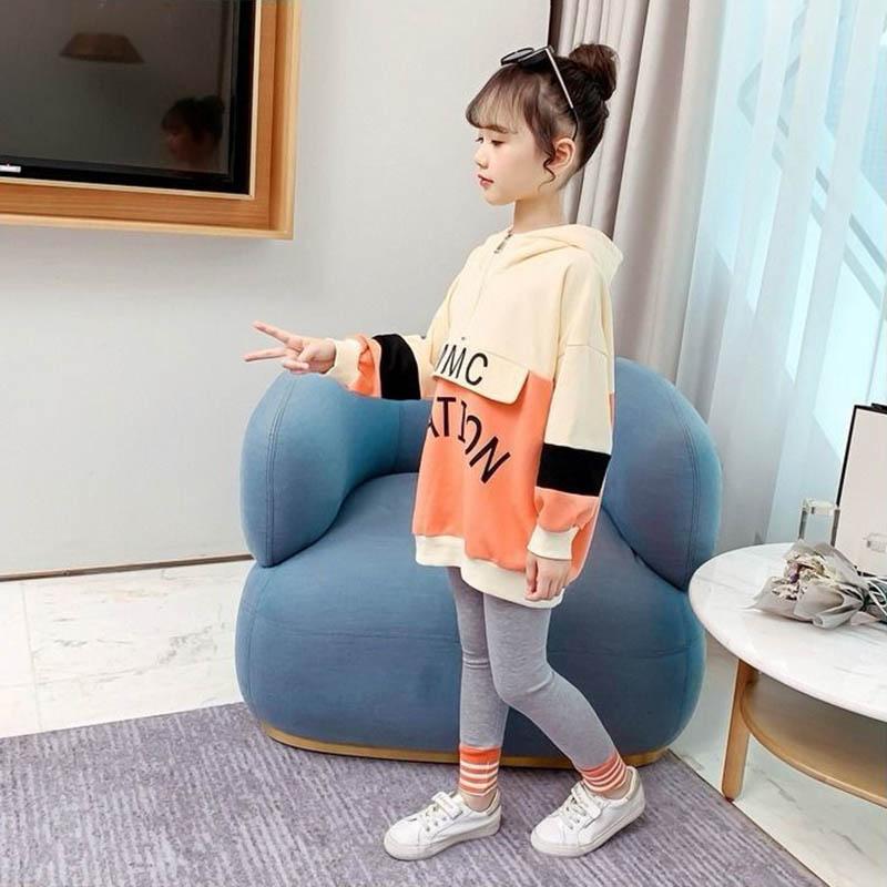Girls Spring and Autumn Sports Suits Printed Contrast Color Splicing Pullover Long Sleeve Top Casual Loose Trousers Two-piece Set
