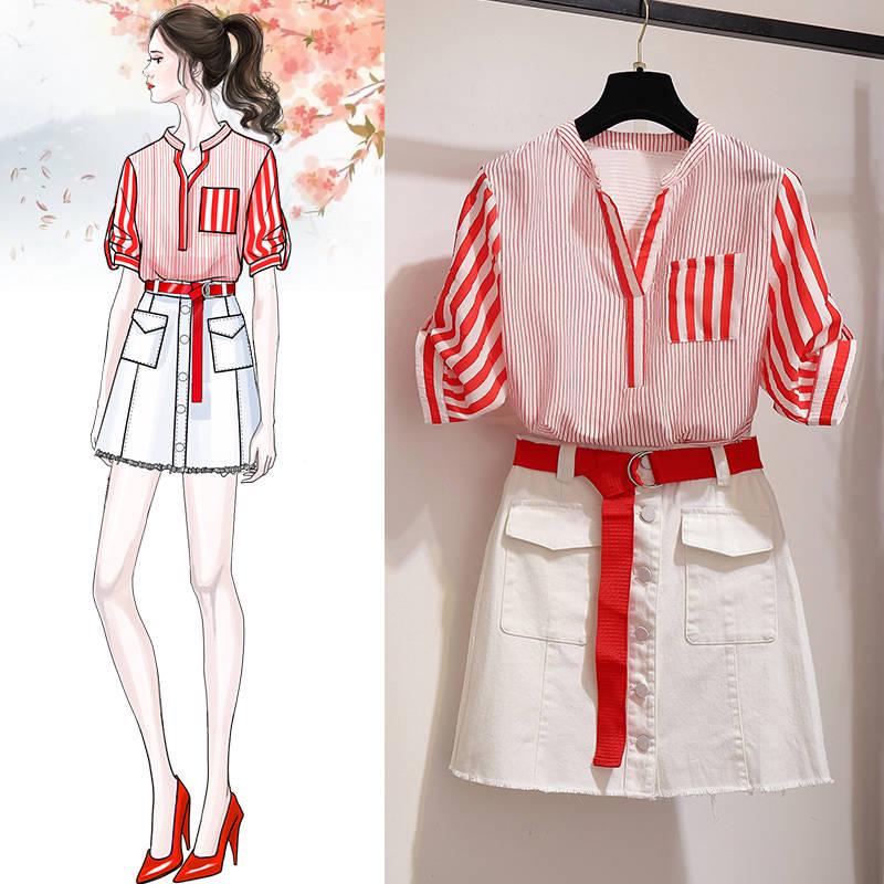 Pofulove Playful Skirt Suit Summer Striped Shirt Denim Skirt Two-piece Set Top and Skirt Summer Sets