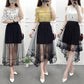 Women High Waist Scalloped Lace Trim Midi Long Skirt Lined Solid Color Irregular Hem Pleated Double Layer Sheer Mesh Skirt