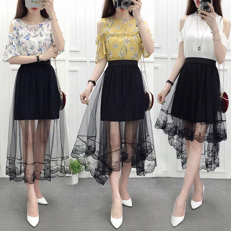 Women High Waist Scalloped Lace Trim Midi Long Skirt Lined Solid Color Irregular Hem Pleated Double Layer Sheer Mesh Skirt