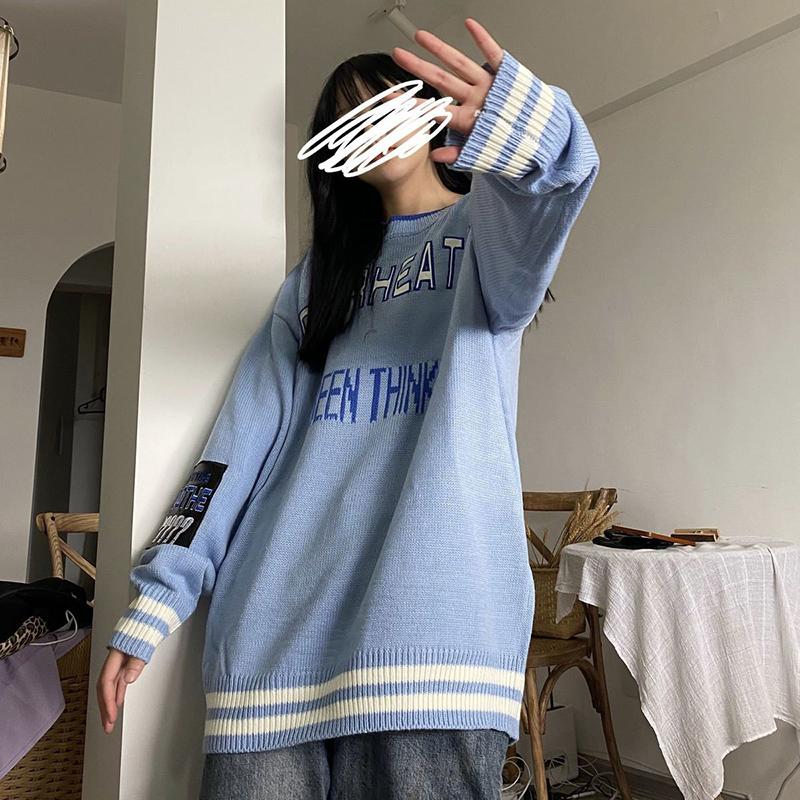 Autumn Winter Letter Stitching Round Neck Sweater Stitching Loose Fashion Casual All-match Knitted Outer Top