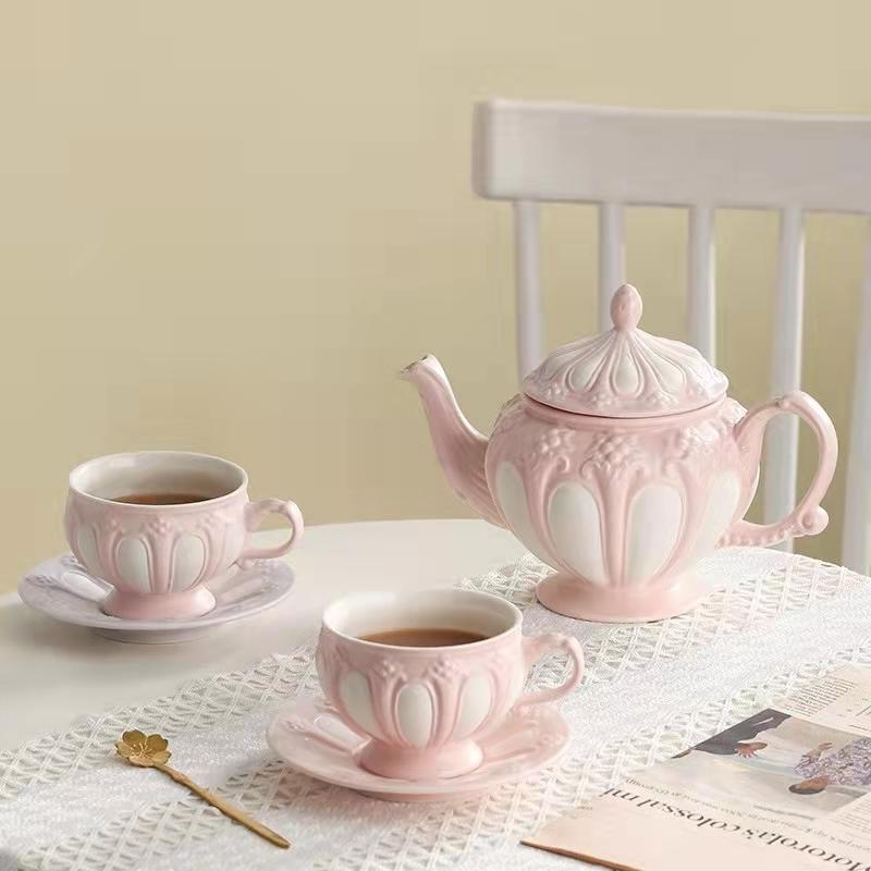European Afternoon Tea Set, Coffee Cup, Saucer Set, Spoon, French Retro Embossed English Teapot, Cup