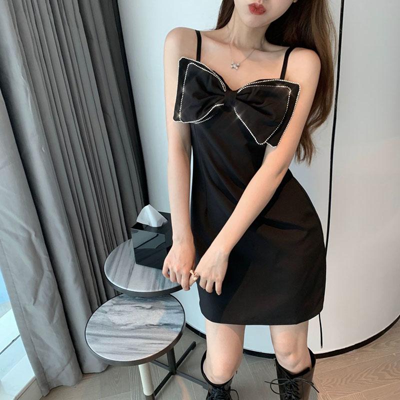 Sling Dress Bright Flashing Diamond Bowknot Slim French Hepburn Style Party Dress Little Black Dress