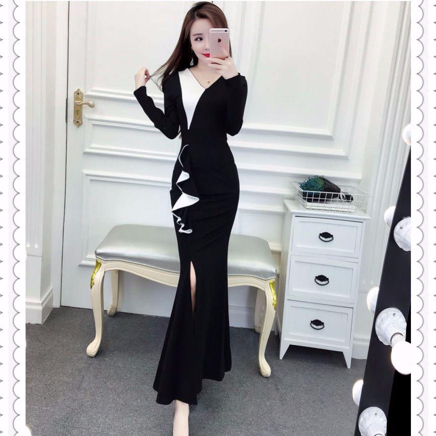 Women Elegant Long Sleeve Patchwork Casual Party Work Office Fitted Stretch Slim Bodycon Dress