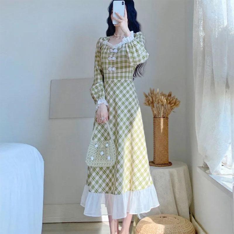 Mint Green Plaid Skirt Skirt Waist Slim French Retro Gentle Fairy Temperament Age-reducing Dress