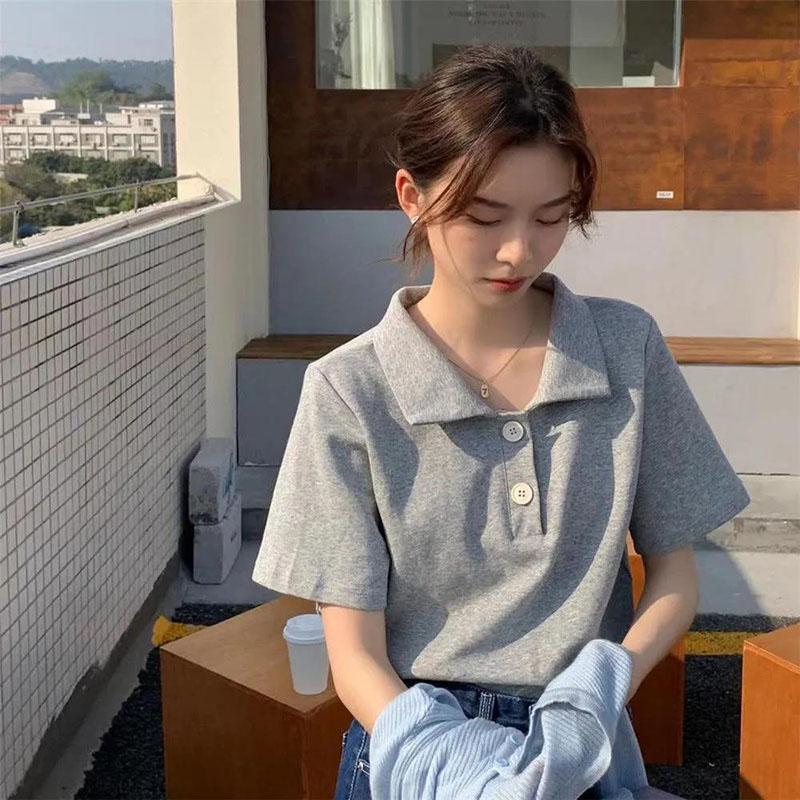 Short Sleeve T-Shirt Women Summer Loose Polo Collar Solid Color Top