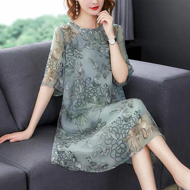 Women's Mid-length Dress Clothing Large Size Loose Chiffon Round Neck Short Sleeve Printing