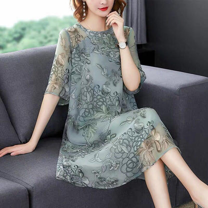Women's Mid-length Dress Clothing Large Size Loose Chiffon Round Neck Short Sleeve Printing