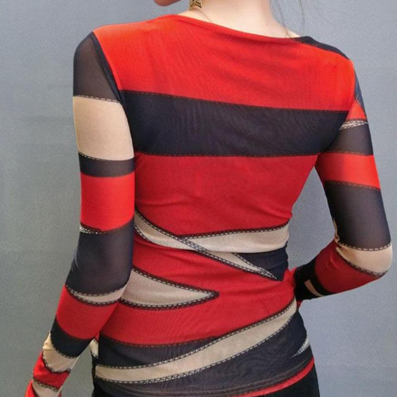 Women's Spring and Autumn Printed T-Shirt V-Neck Slim Long Sleeve Top