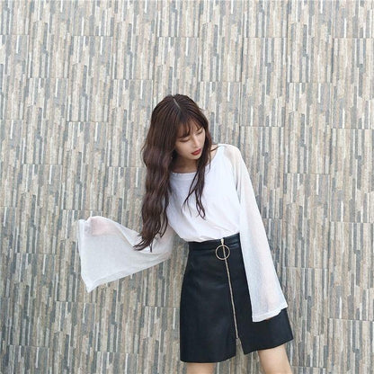 Net Yarn Sleeve Womens Loose Thin Flared Sleeves Tops Blouse Casual Round Collar Pullover T-Shirt