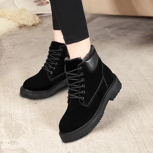 Women Winter Boots Black Ankle Booties Lace Up Thick Plush Velvet Warm Snow Boots Casual Shoes