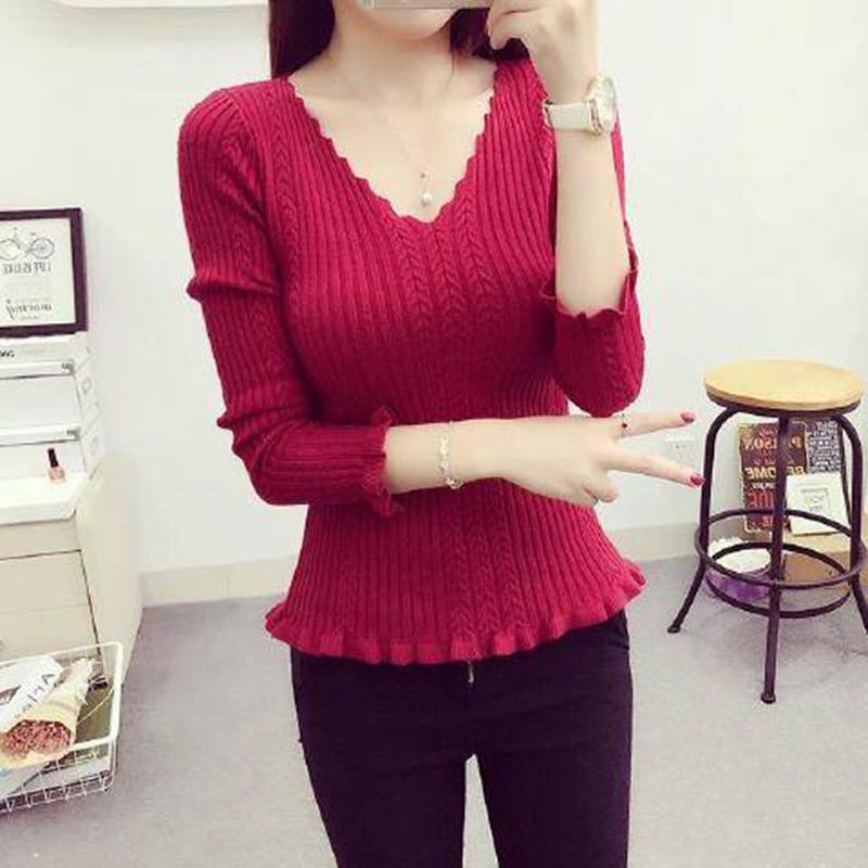 Pofulove Women's Long-sleeved V-neck Red Knitted Bottoming Shirt Autumn Winter Pullover Sweater