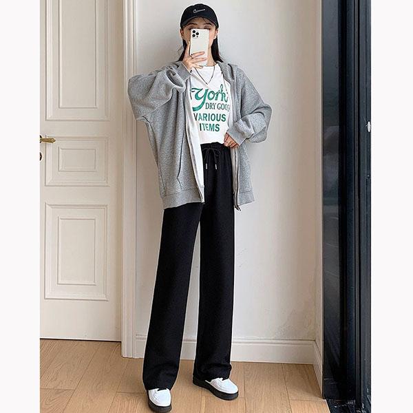 Waffle Spring and Summer Gray Black Wide Leg Pants Women's High Waist Straight Loose Thin Casual Sports Pants