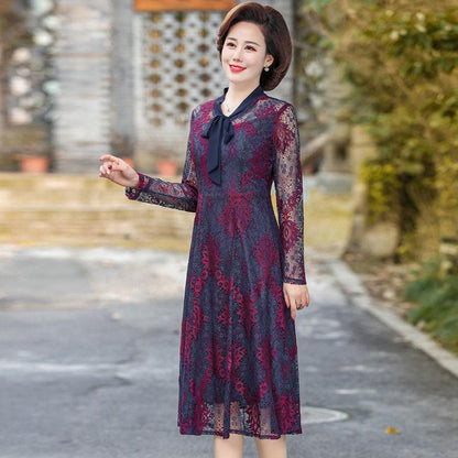 Spring Summer New Lace Dress Mid-length Over-the-knee Skirt Casual All-match Waist Waist Slim Long-sleeved Skirt