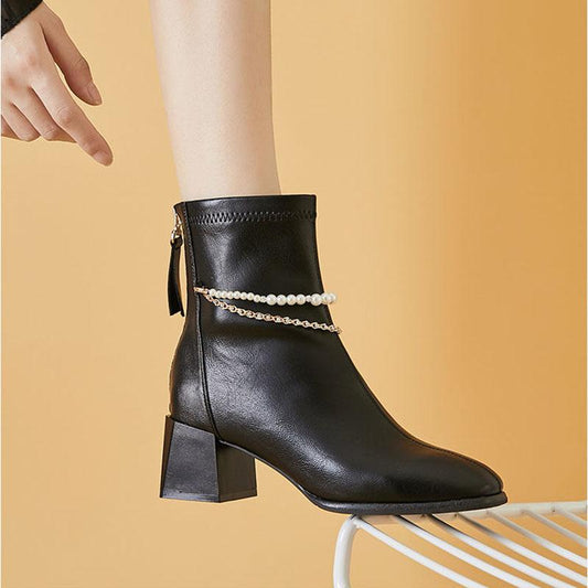 Chelsea Boots Women Short Boots Square Toe Spring and Autumn Thick Heel Black Women's Shoes Leather Boots Single Boots