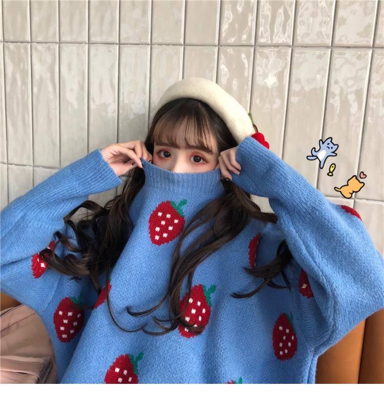 Pofulove Autumn and Winter Women  University Style Sweater Loose Sweet Strawberry Pullover Sweater