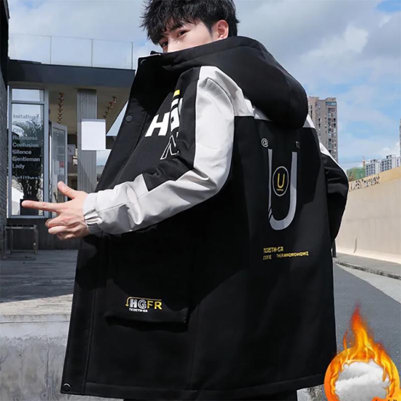 Men's Winter Mid-length and Velvet Padded Jacket Korean Style Trendy Handsome Cotton Jacket Men
