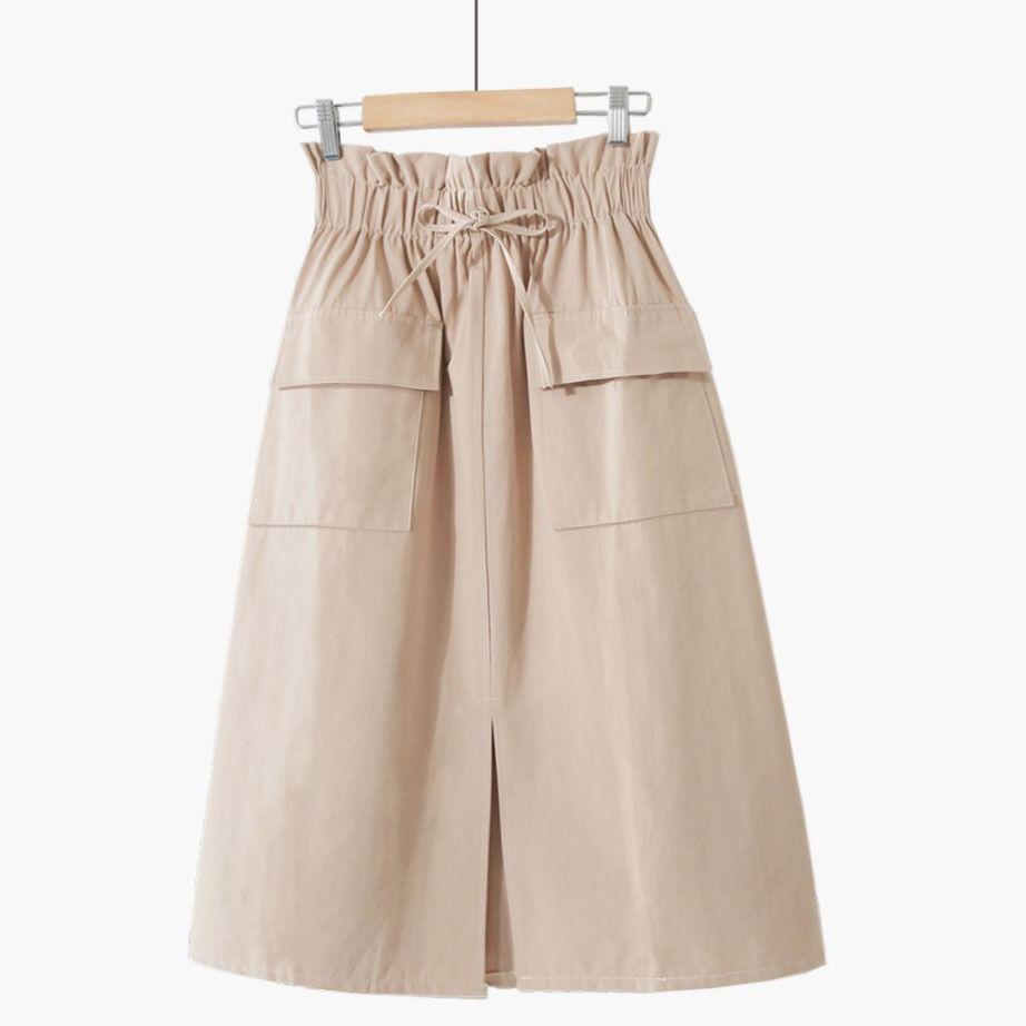 Casual Solid A-line Cotton Midi Skirts Women 2020 Summer Long Black Skirts Womens Pocket Elastic Waist Womens Skirts Female