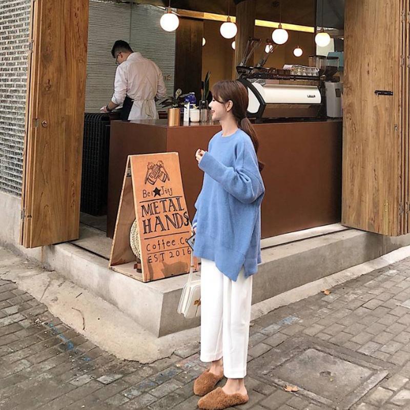 Pofulove Solid Color Pile Neck Sweater sleeve pullover jacket tide milk blue sweater forest
