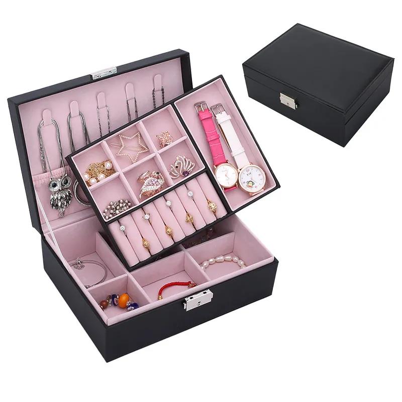 Jewelry Box Leather with Lock European Double Wood Jewelry Storage Box Earrings Ring Necklace Jewelry Storage Box