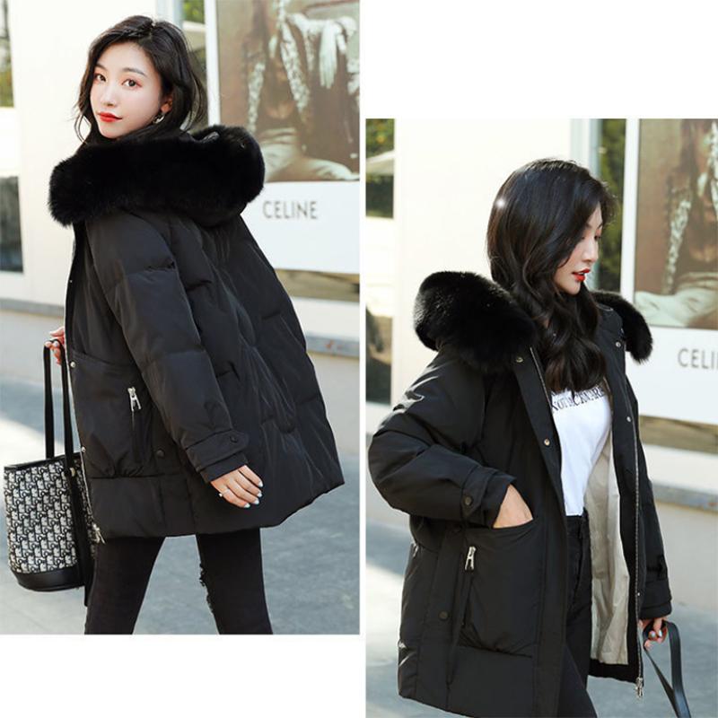 Women's Solid Color Down Jacket Mid-length Korean Loose Thick Coat Warm Cotton Coat Big Fur Collar Winter Clothes Quilted Coat