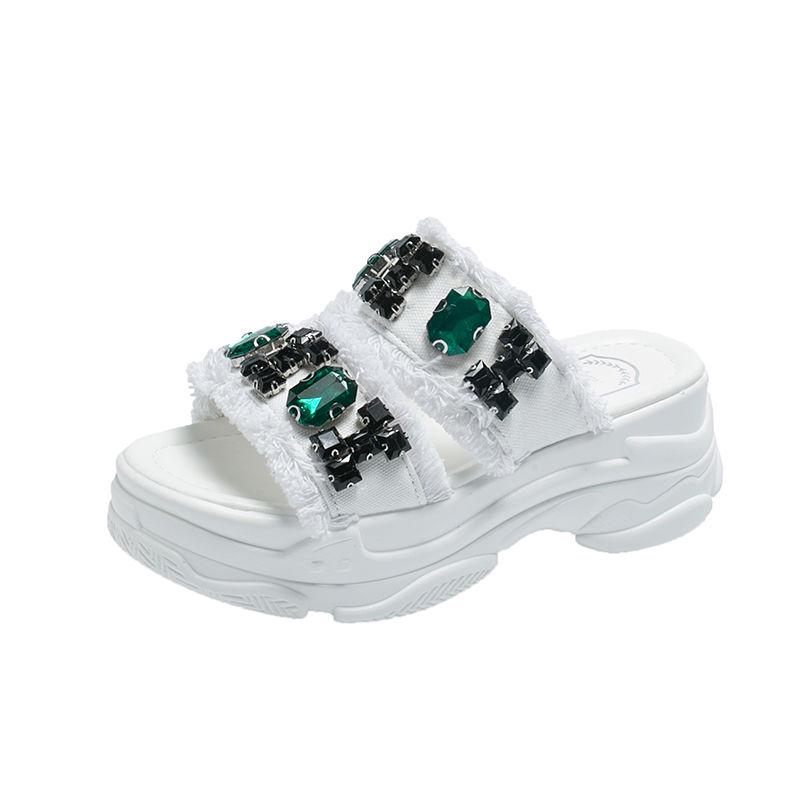 Size35-39 Summer Women Slippers Bohemian Beach Wear-resistant Non-slip Slippers Wedge Platform Rhinestone Sandals Outdoor Crystal High Heels