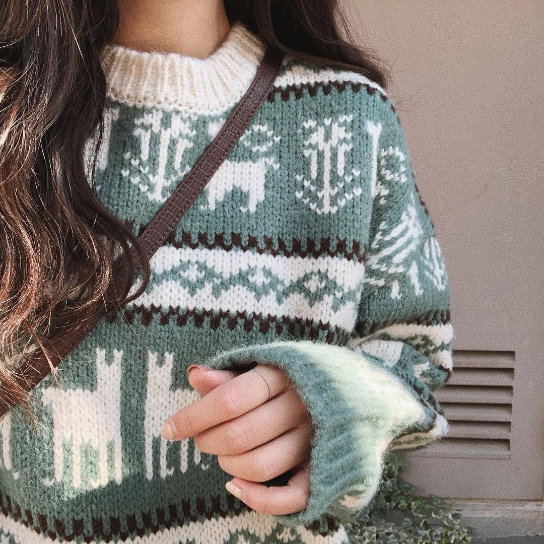 Pofulove Autumn Winter Retro Round Neck Thick Sweater Women Loose Wear Lazy Wind Moose Sweater Coat