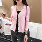 Spring and Autumn Color Matching V-neck Short Sweater Knitted Long-sleeved Shawl Outer Shirt Fashion Women's Top