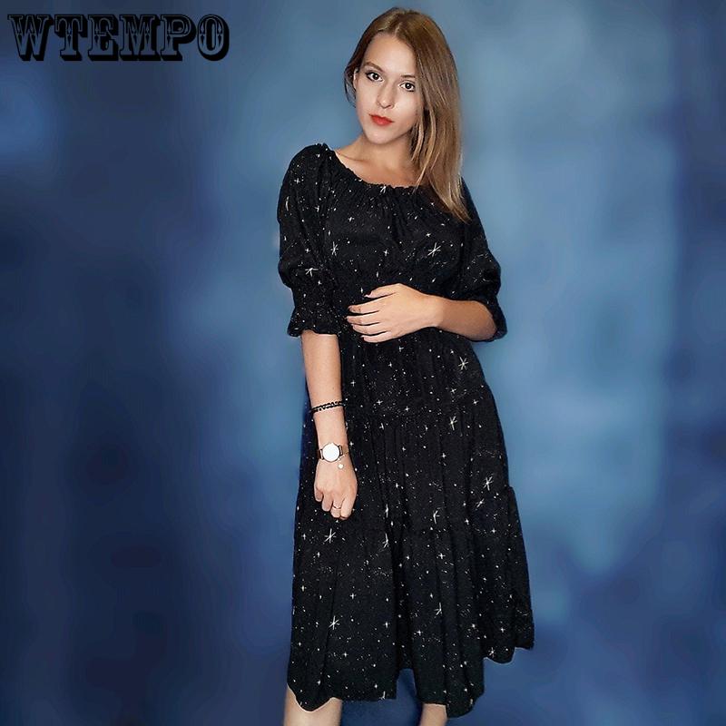 Dress Summer Women Stars Printed Off Shoulder Slim Black Dresses Girl Schoolgirl Kawaii Sweet Casual