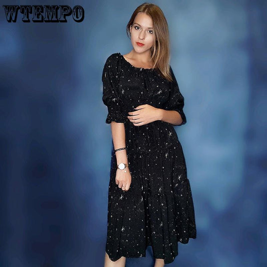 Dress Summer Women Stars Printed Off Shoulder Slim Black Dresses Girl Schoolgirl Kawaii Sweet Casual