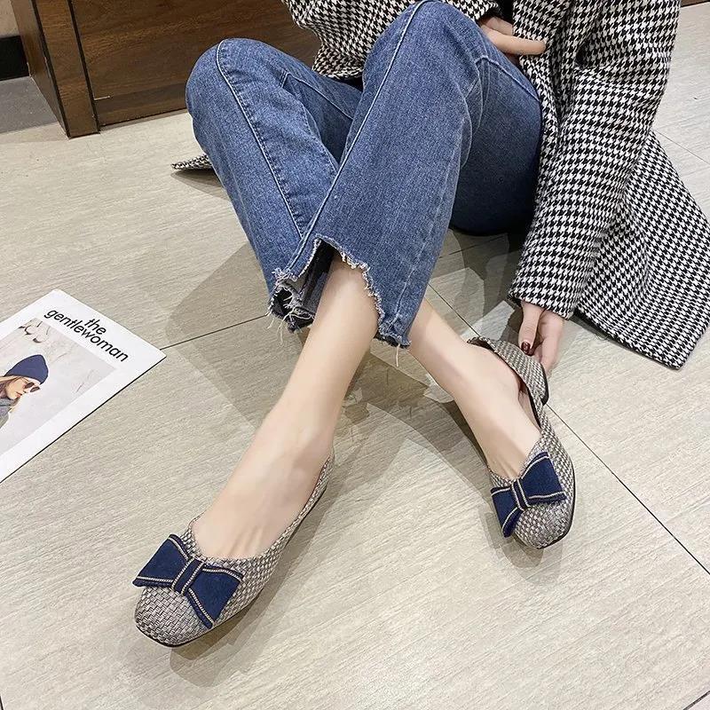 Bowknot Soft Sole Thick Heel Shoes Women Spring Korean Style Square Toe Woven Low-heeled Women's Shoes