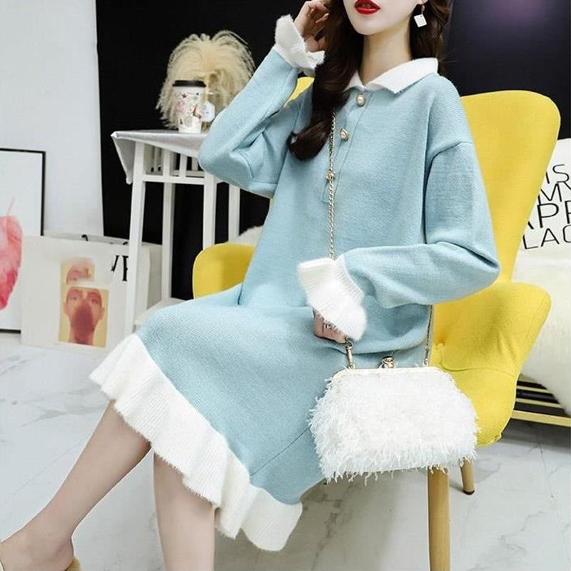Sweater Skirt Mid-length Autumn and Winter Loose Knitted Dress Doll Collar Jacket Women Winter Knit Sweater Women Sweet and Cute