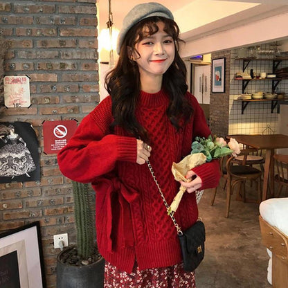 Pofulove Lace Up Design Retro Split Sweater Twist Loose Long-sleeved Knitted Sweater Women