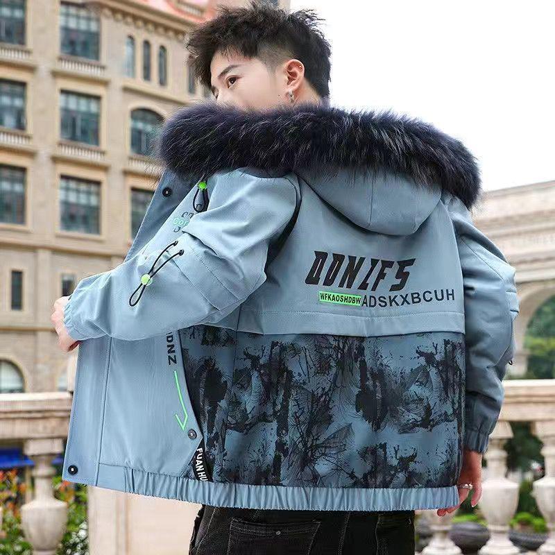 Men's Hooded Woolen Collar Cotton Padded Jacket for Young People