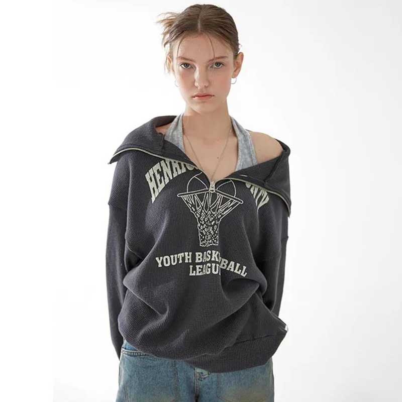 Sweatshirts Women's Spring Half-Zip High-Neck American Style Printed Waffle Loose Pullover Retro Sweater
