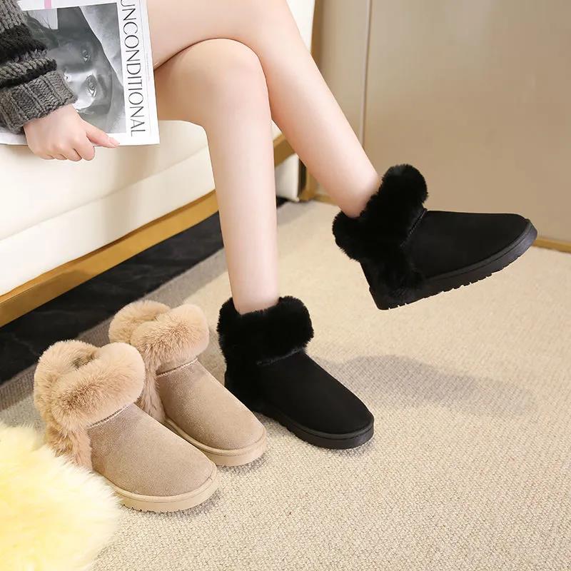 Hairy Ball Snow Boots Women Winter Korean Version of All-match Flat-bottomed Plus Velvet Warm Cotton Shoes Bread Shoes