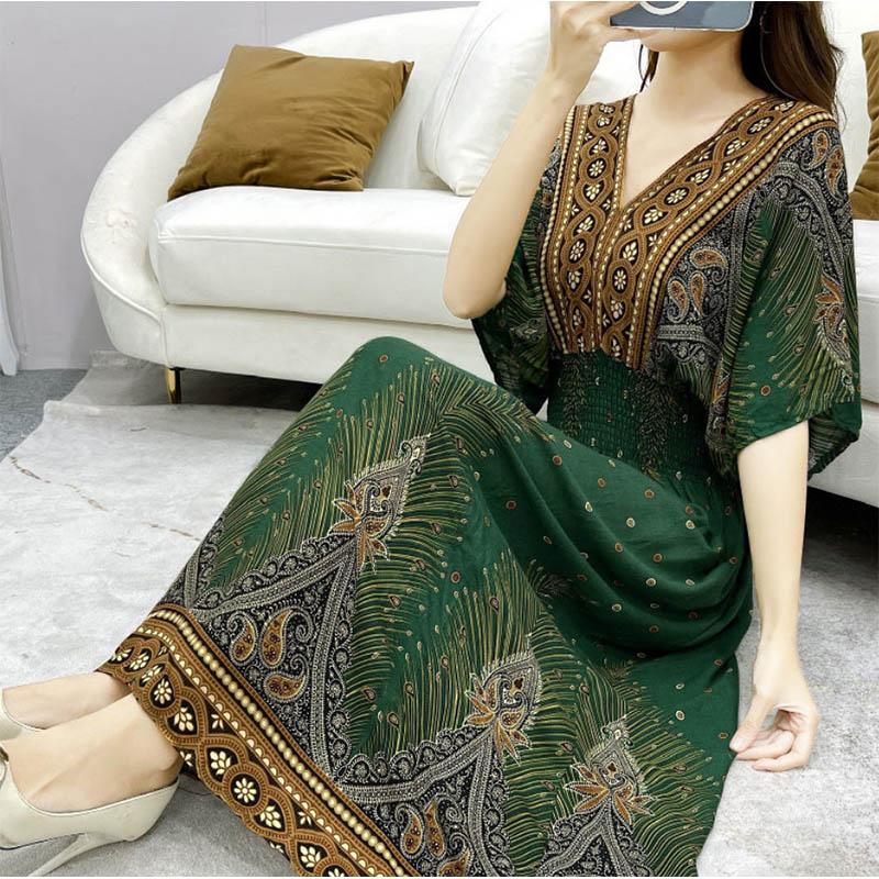 Cotton Silk Dress Mid Length Beach Dress Large Floral Bohemian Loose Casual Long Dress V-Neck