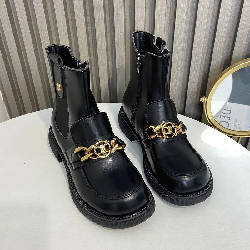 Women's Short Boots Winter Fashion All-match Round Toe Thick Heel Martin Boots Plus Velvet Warm Chain Boots