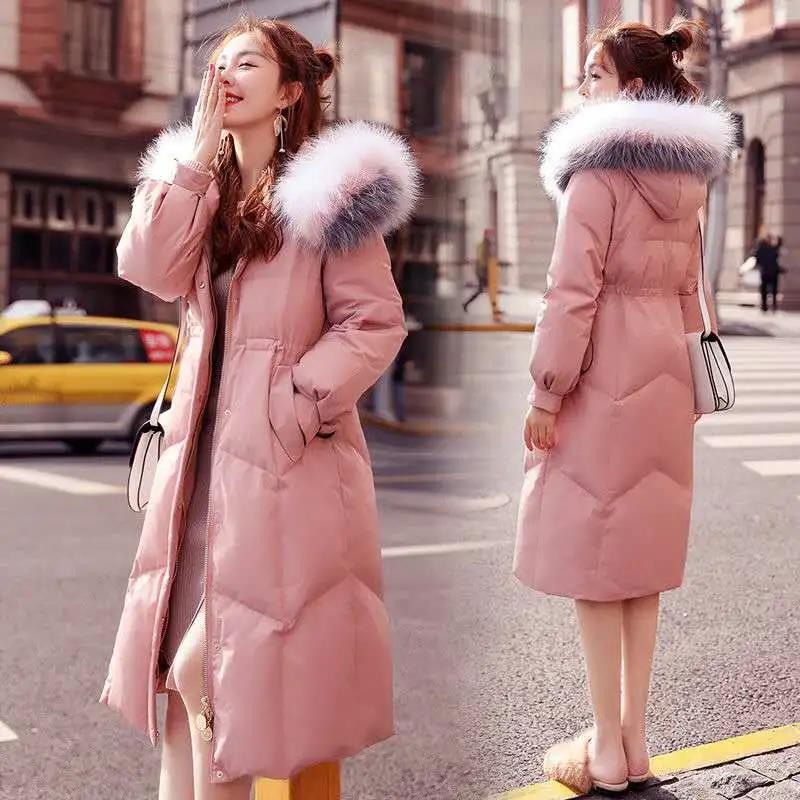 2021 Big Fur Collar Padded Jacket Women's Long Slim Waist Korean Down Padded Jacket Mid-length Thickened Over The Knee
