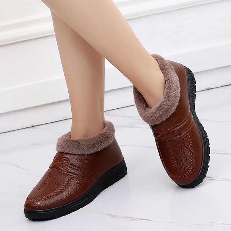 Winter Plus Velvet Warm Cotton Shoes Women's PU Waterproof Non-slip Mother Shoes Comfortable and Lightweight Flat Low-heel Snow Shoes