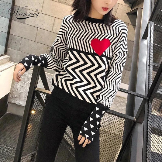 Geometric Heart Pattern Long Sleeve Tops Lovely Pullovers Knitted Loose Jumper