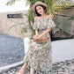 Off-the-shoulder One-word Neck Floral Chiffon Dress Female Mid-length Sexy Beach Dress Super Fairy Fairy Dress Plus Size Dress Waist Is Slim