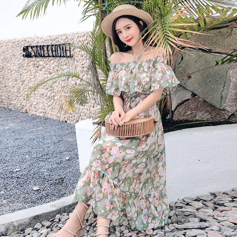 Off-the-shoulder One-word Neck Floral Chiffon Dress Female Mid-length Sexy Beach Dress Super Fairy Fairy Dress Plus Size Dress Waist Is Slim
