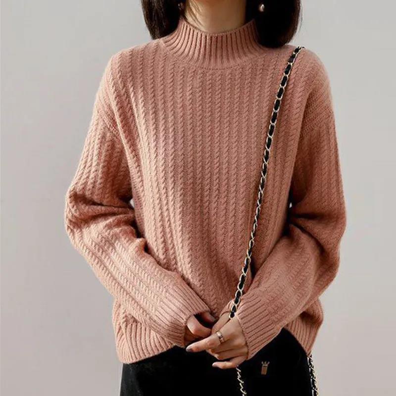 Women's Sweater Half Turtleneck Plus Fleece Thick Knit Sweater Loose Large Size Long Sleeve Sweater