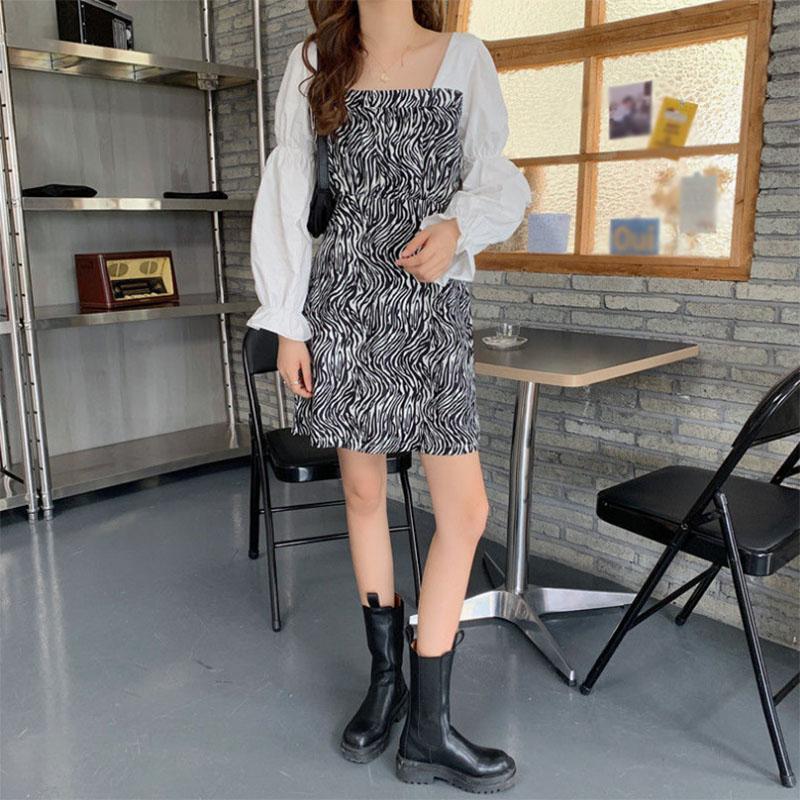Long-sleeved Spring and Summer Chic Square Collar Is Thin Outdoor Zebra Pattern Long-sleeved Short Skirt Foreign Style Fashion Small Dress Female