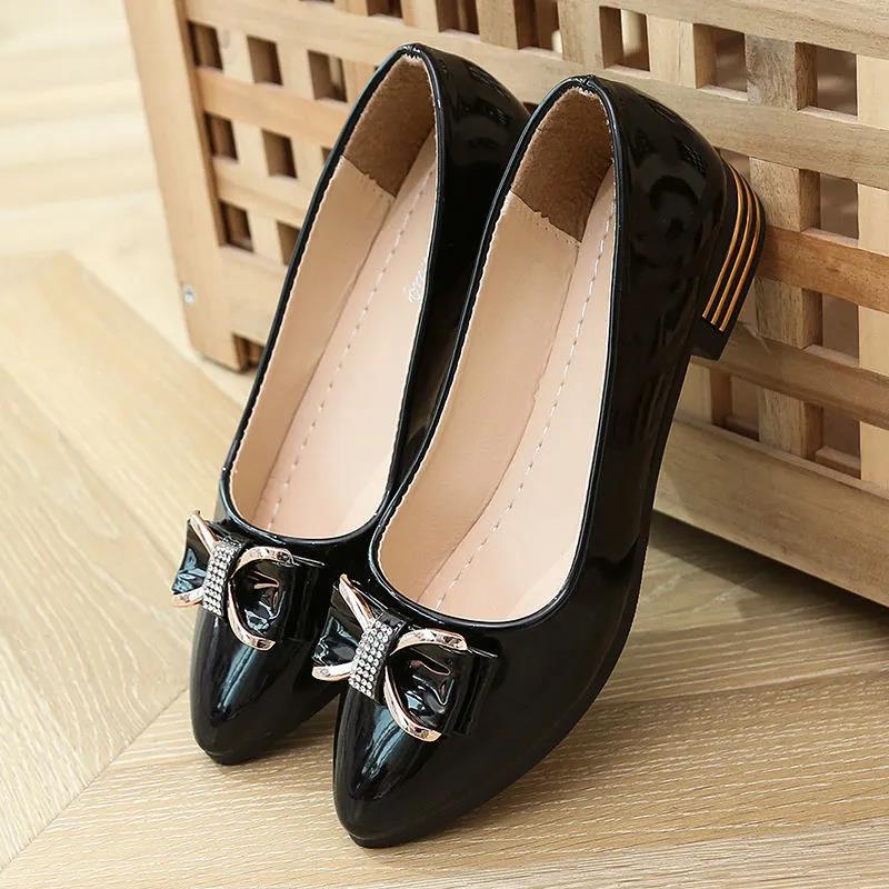 Women's Spring Summer Large Size Low Heel Single Leather Shoes Solid Color Sequins Bow Casual Slip-on Shoes