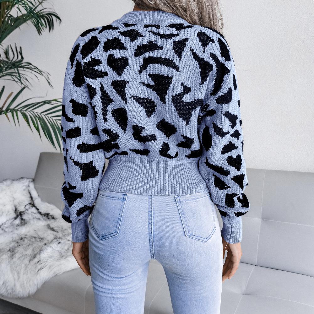 Sweater Women's Leopard Print Short Pullover Knitwear Cropped Top Trending Sweater Autumn and Winter European and American Style
